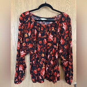 Terra & Sky 1X Floral Blouse Long Sleeve Red On Black Background Rayon Cotton